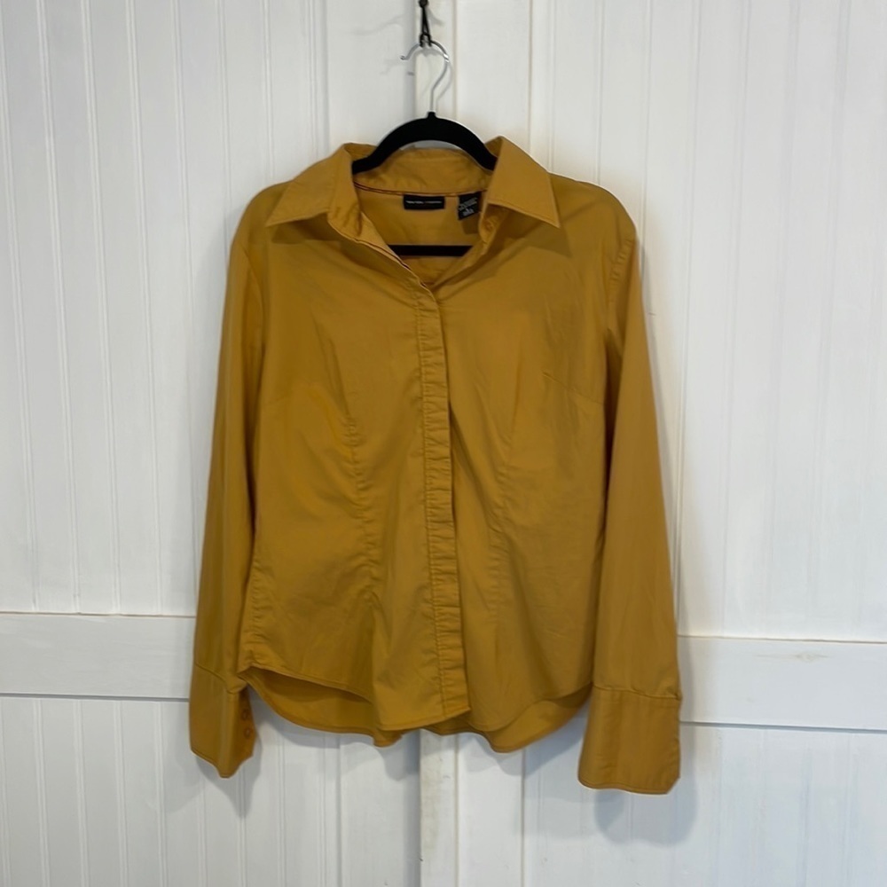 New York & Company stretch, long, sleeved, mustard, blouse, size L